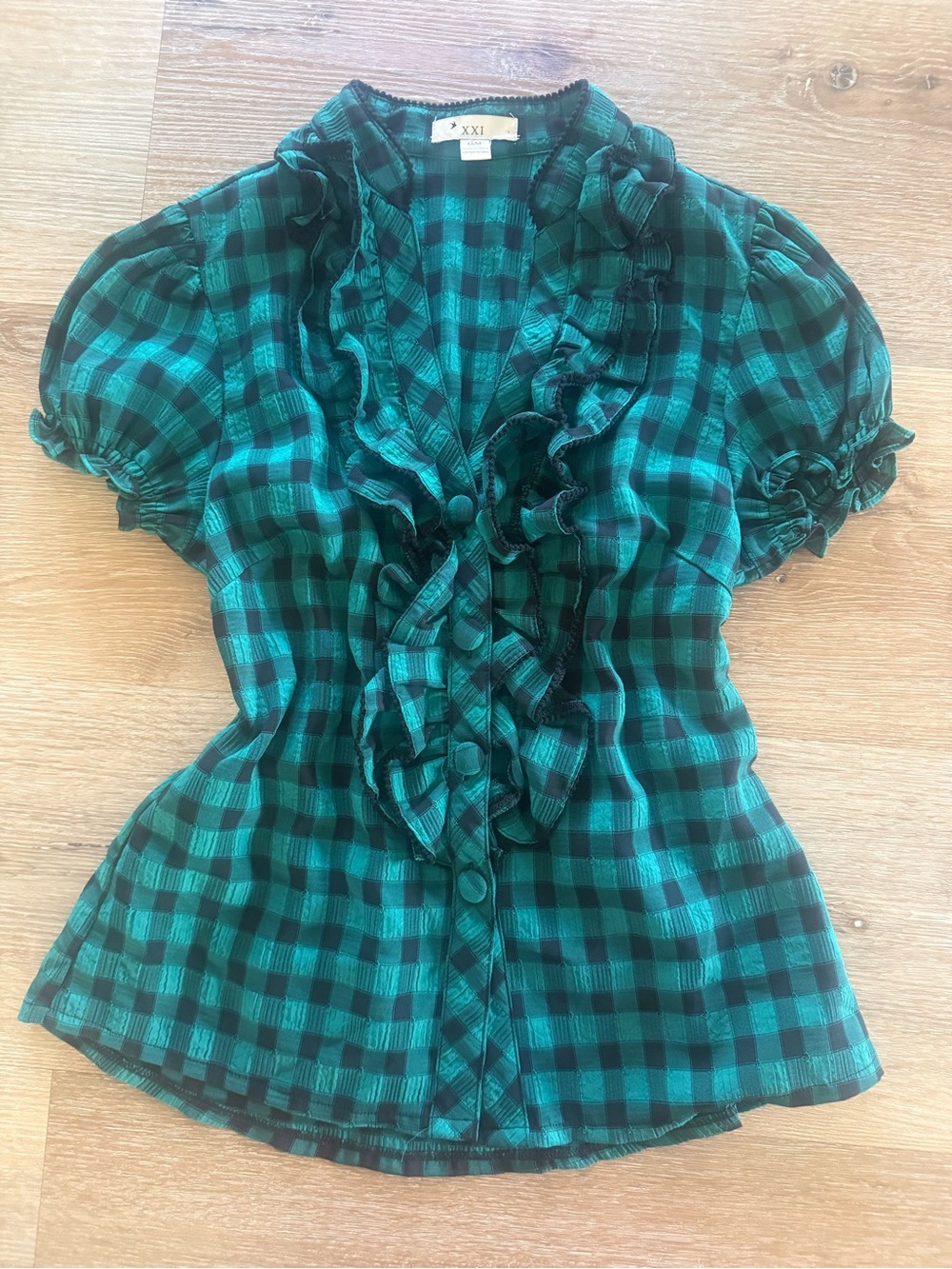 Forever 21 Teal and Black Plaid Ruffle Button-Up Blouse